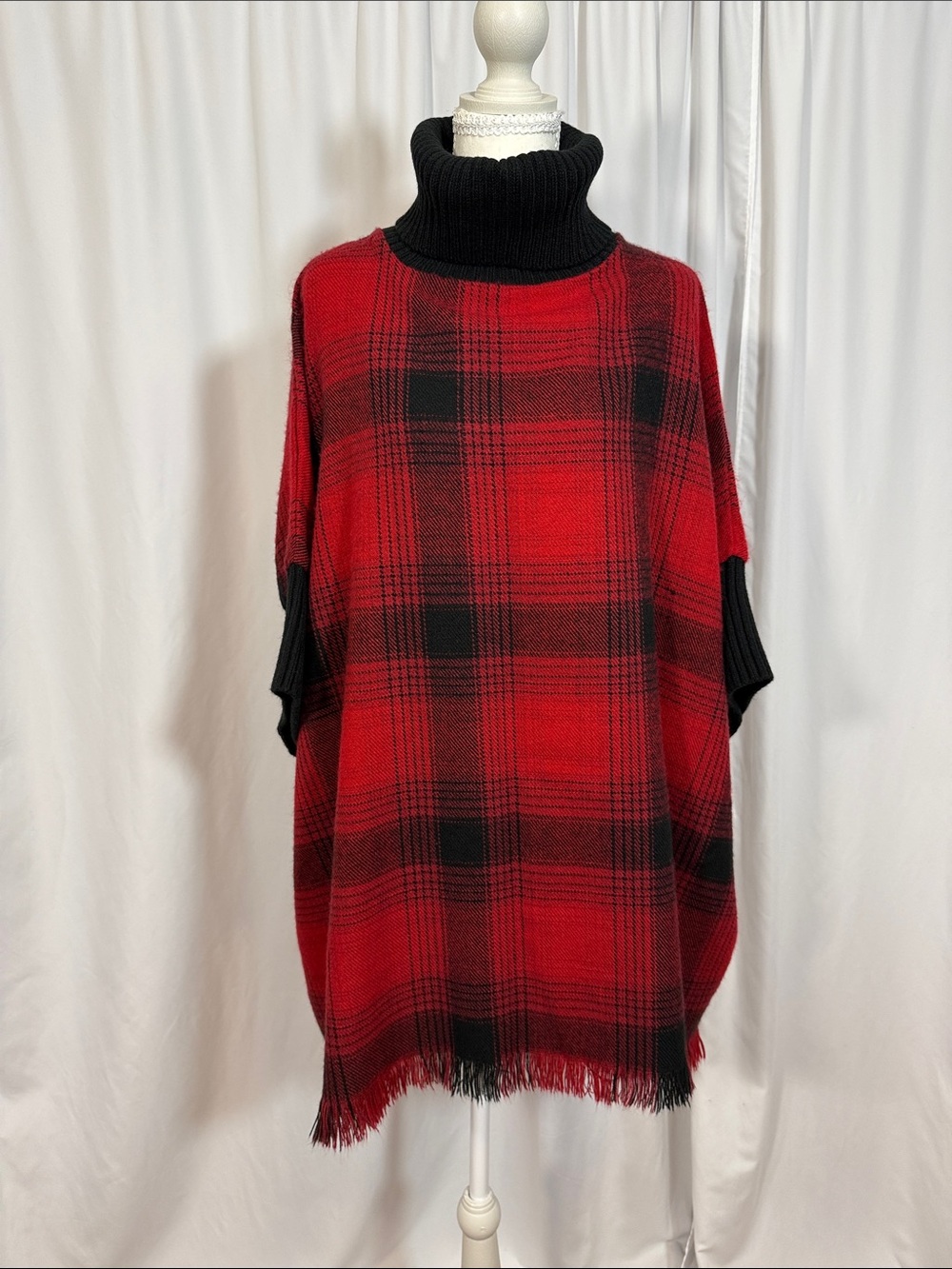 Sonoma Red and Black Plaid Turtleneck Poncho